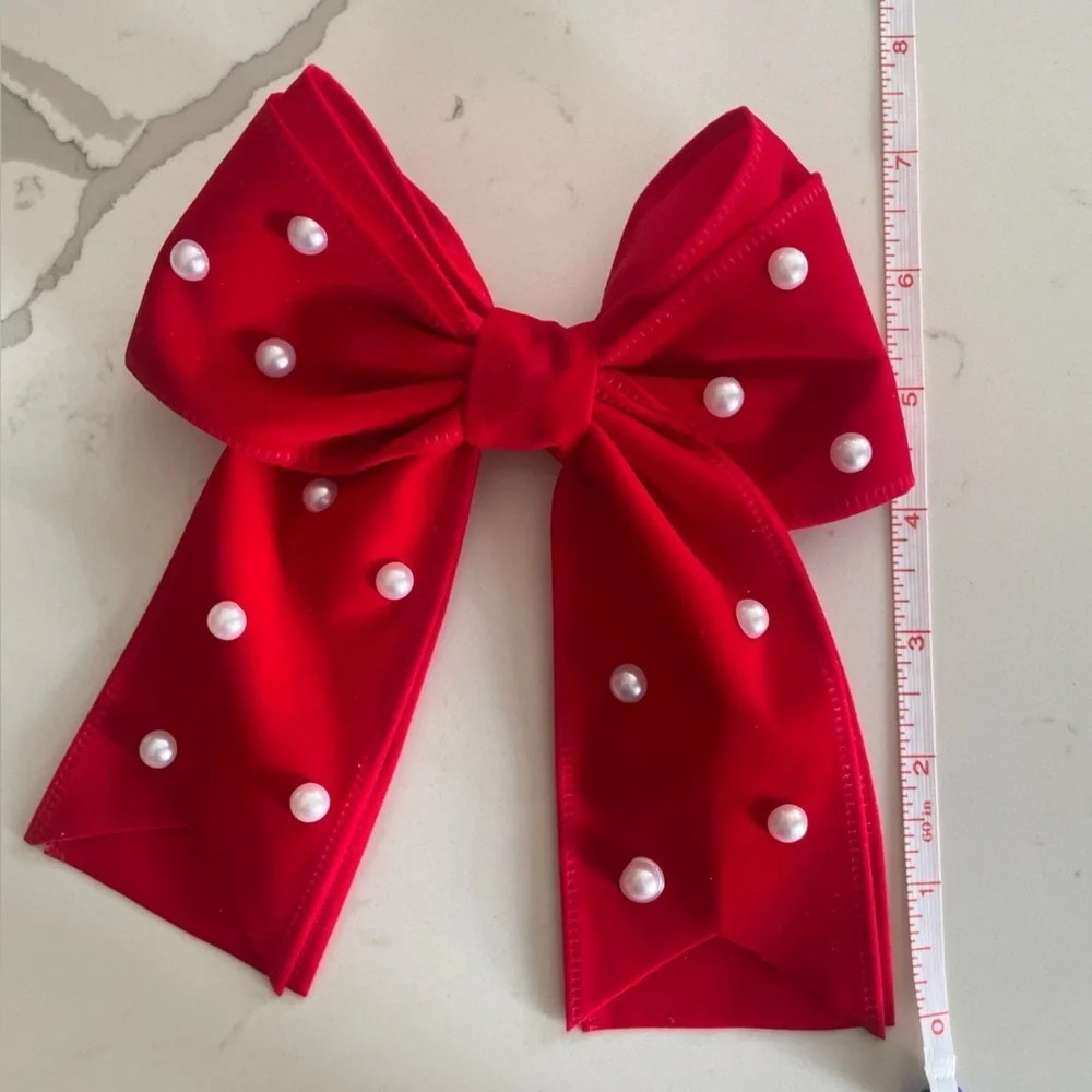 New Elegant Red velvet Bow with Pearls for Kids clip on formal holiday events
